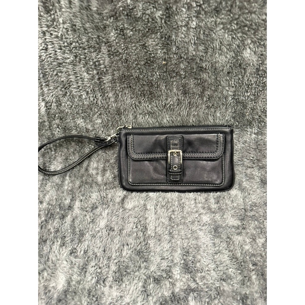Black‎ Leather Wristlet Clutch Mini Y2K Buckle Zip Pocket Shoulder Bag